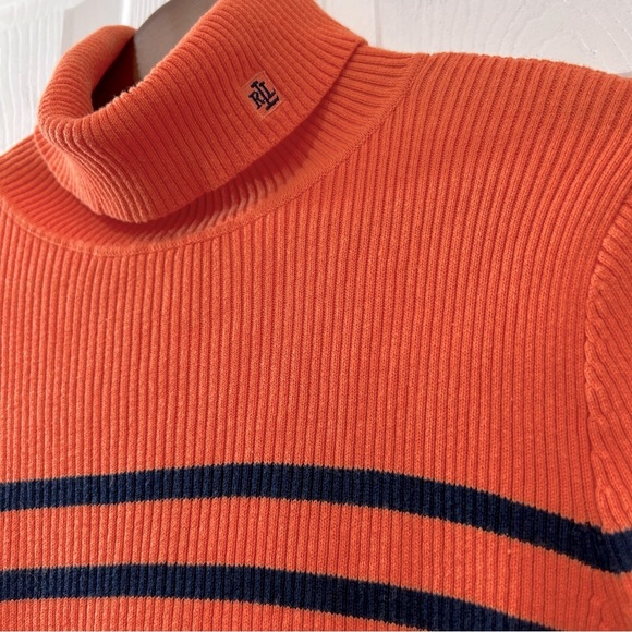 Lauren Ralph Lauren Turtleneck Sweater Women's Striped Orange Navy Size Large - Picture 2 of 8